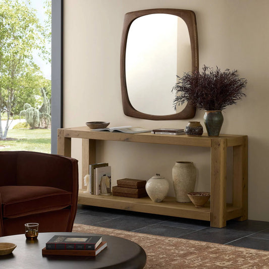 Jai Wall Mirror by Four Hands in cocoa oak. Made from solid oak, mirror in a unique style.