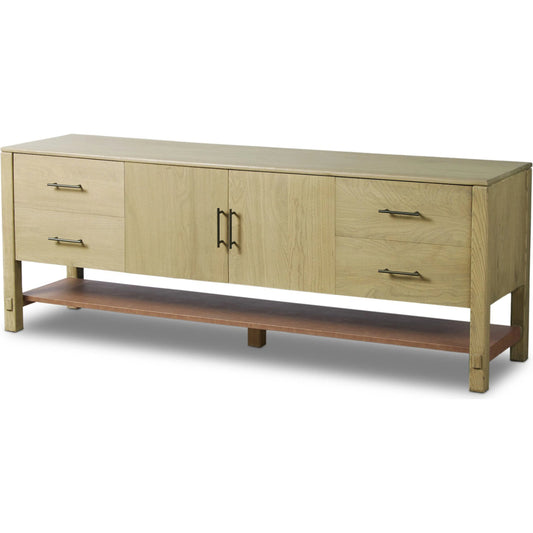 Blake Media Console by Four Hands in washed ash, brown regenerated leather. Made from solid ash, faux leather in a unique style.