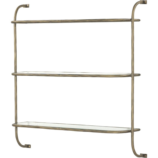 Swinton Shelf by Four Hands in tempered glass, hammered aged brass. Made from tempered glass, iron in a unique style.