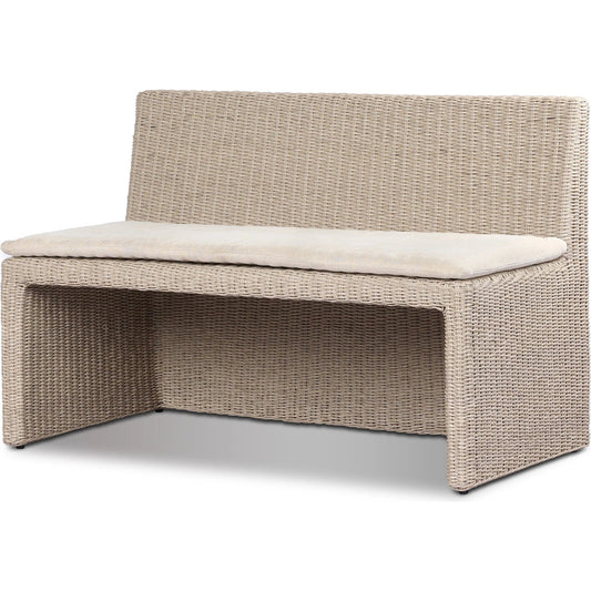 Senna Outdoor Dining Bench by Four Hands in vintage white, alessi linen. Made from 100% polyethylene, 100% polypropylene in a unique style.