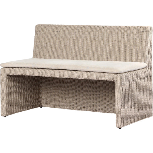 Senna Outdoor Dining Bench by Four Hands in vintage white, alessi linen. Made from 100% polyethylene, 100% polypropylene in a rustic style.