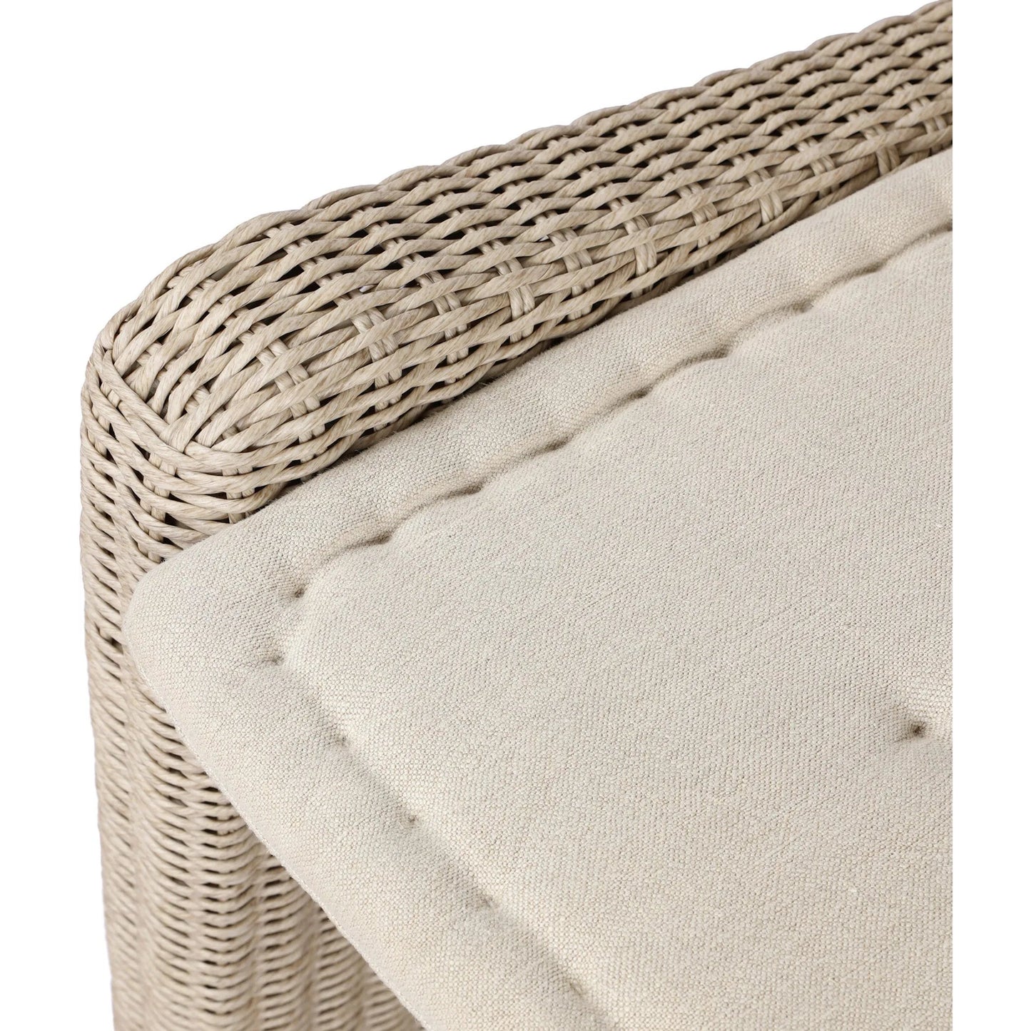 017 SI-2513318 | Closeup | Senna Outdoor Dining Bench by Four Hands in vintage white, alessi linen. Made from 100% polyethylene, 100% polypropylene in a rustic style.
