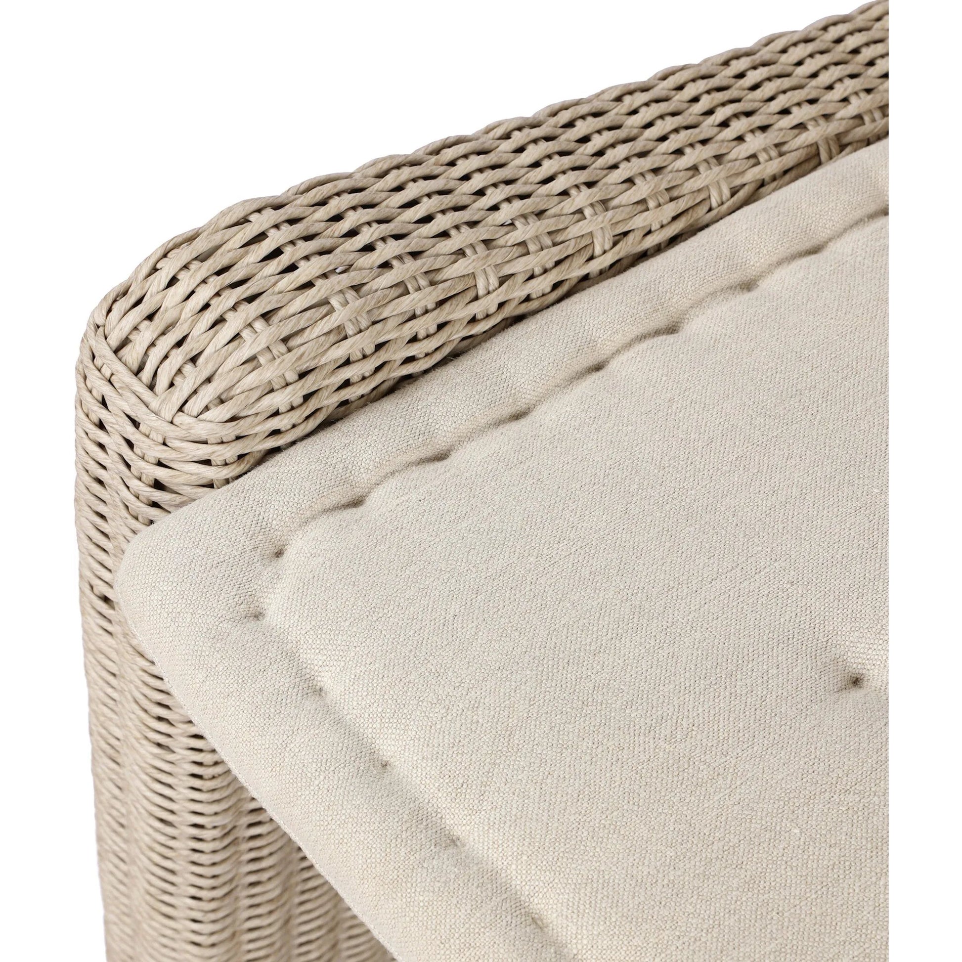 Senna Outdoor Dining Bench by Four Hands in vintage white, alessi linen. Made from 100% polyethylene, 100% polypropylene in a rustic style.