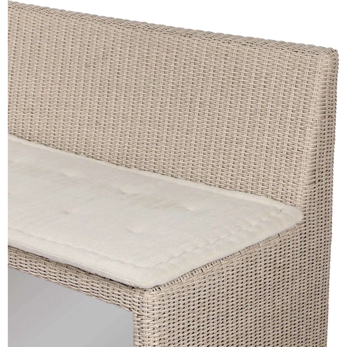 019 SI-2513318 | Closeup | Senna Outdoor Dining Bench by Four Hands in vintage white, alessi linen. Made from 100% polyethylene, 100% polypropylene in a rustic style.