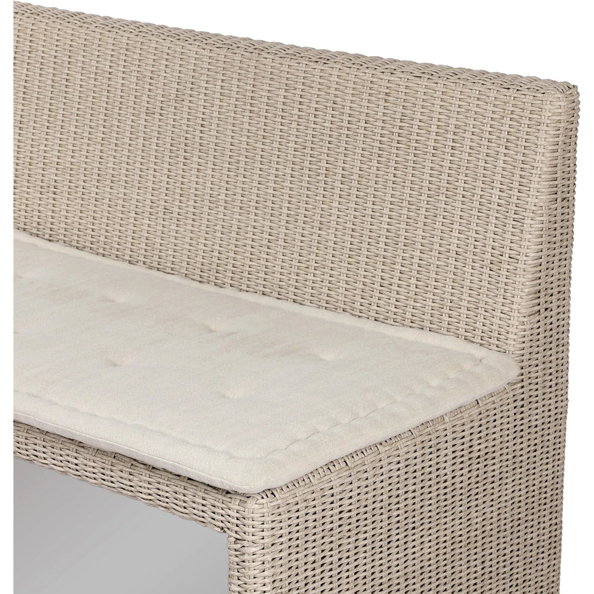 Senna Outdoor Dining Bench by Four Hands in vintage white, alessi linen. Made from 100% polyethylene, 100% polypropylene in a rustic style.