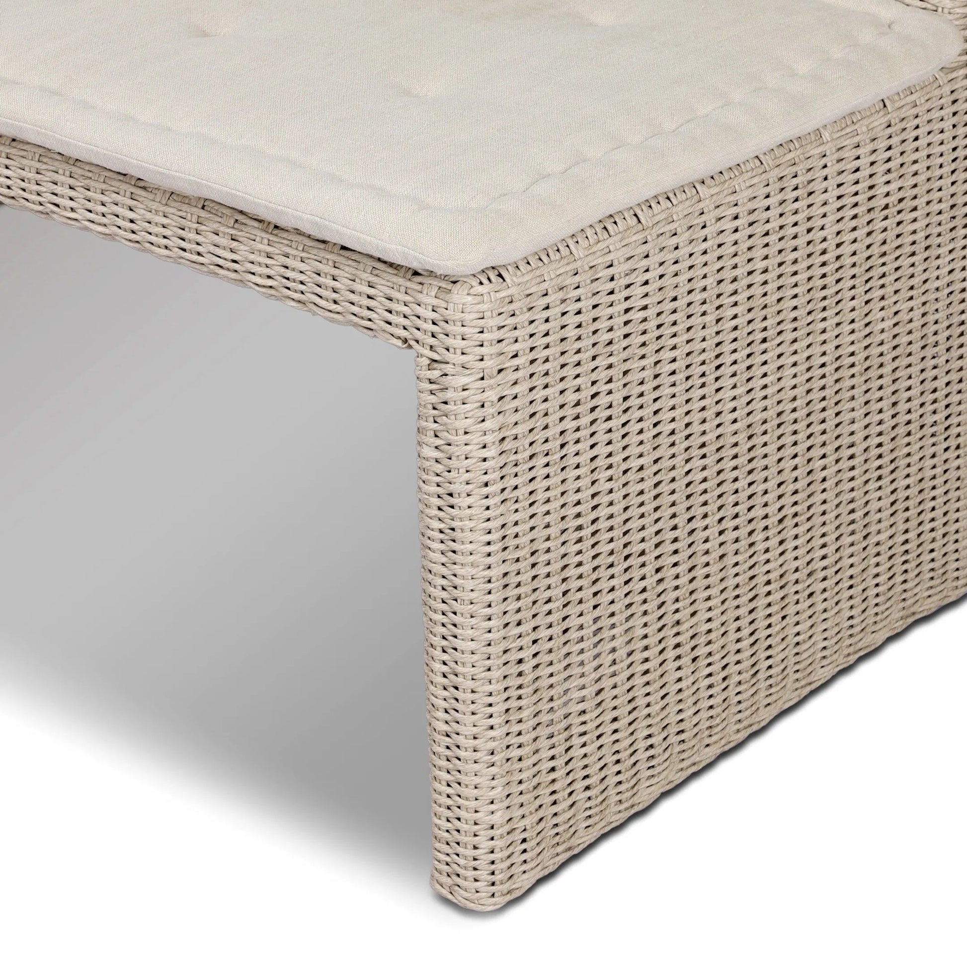 Senna Outdoor Dining Bench by Four Hands in vintage white, alessi linen. Made from 100% polyethylene, 100% polypropylene in a rustic style.