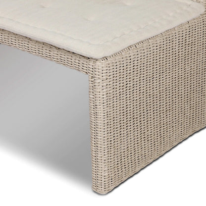 Senna Outdoor Dining Bench by Four Hands in vintage white, alessi linen. Made from 100% polyethylene, 100% polypropylene in a rustic style.
