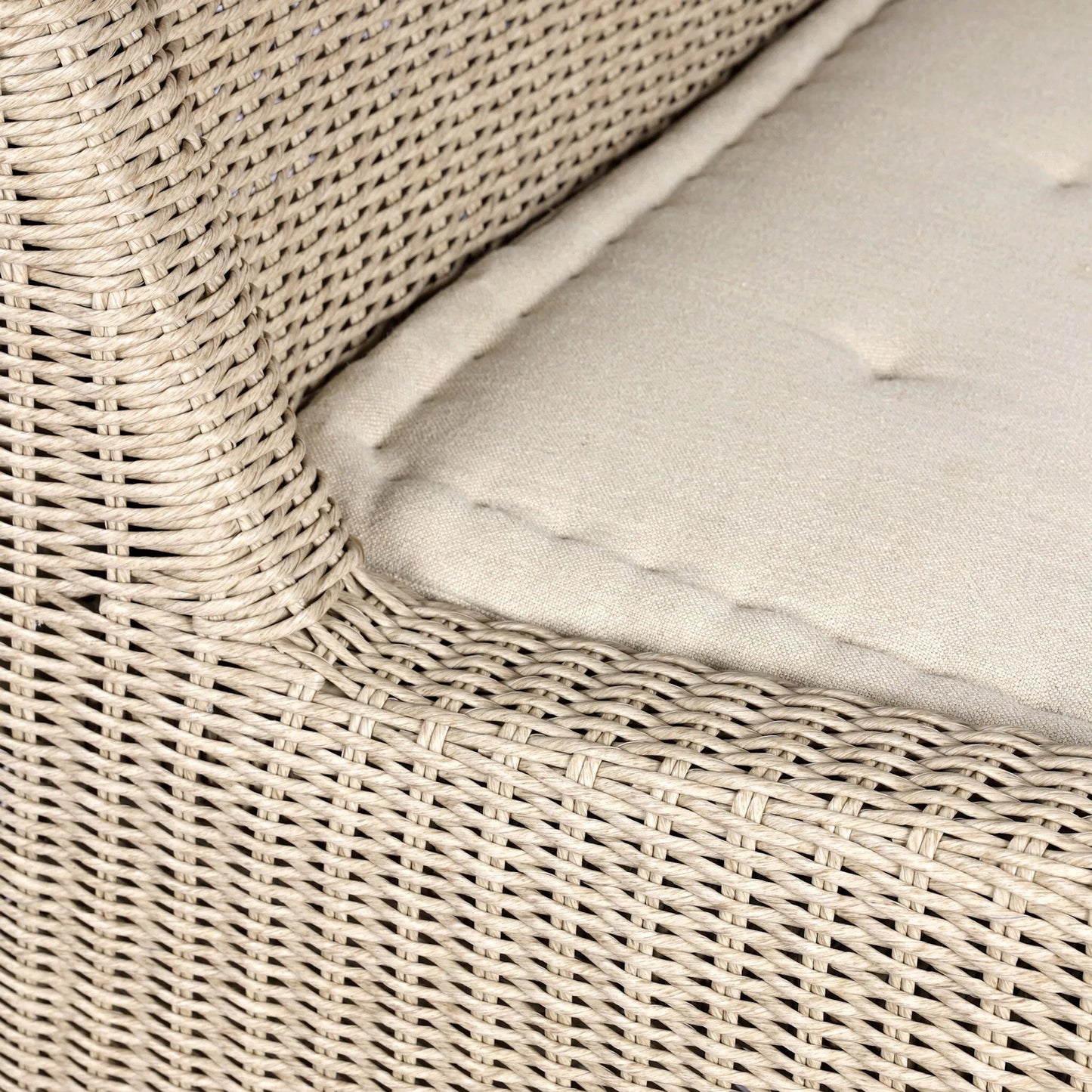 021 SI-2513318 | Closeup | Senna Outdoor Dining Bench by Four Hands in vintage white, alessi linen. Made from 100% polyethylene, 100% polypropylene in a rustic style.