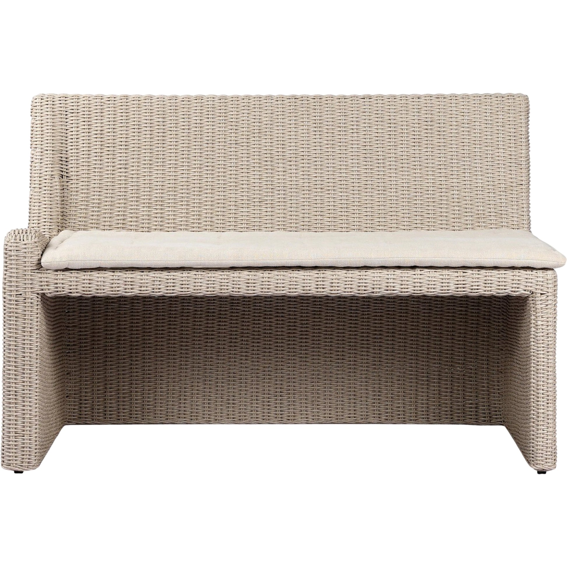 Senna Outdoor Dining Bench by Four Hands in vintage white, alessi linen. Made from 100% polyethylene, 100% polypropylene in a rustic style.