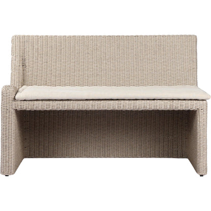 Senna Outdoor Dining Bench by Four Hands in vintage white, alessi linen. Made from 100% polyethylene, 100% polypropylene in a rustic style.