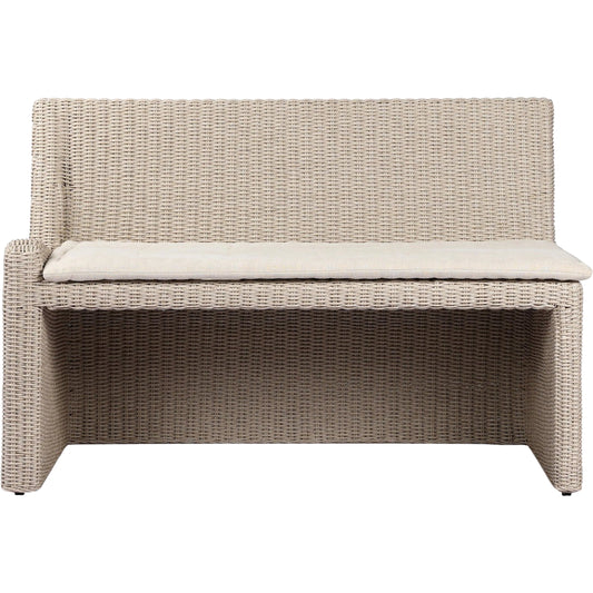 Senna Outdoor Dining Bench by Four Hands in vintage white, alessi linen. Made from 100% polyethylene, 100% polypropylene in a rustic style.