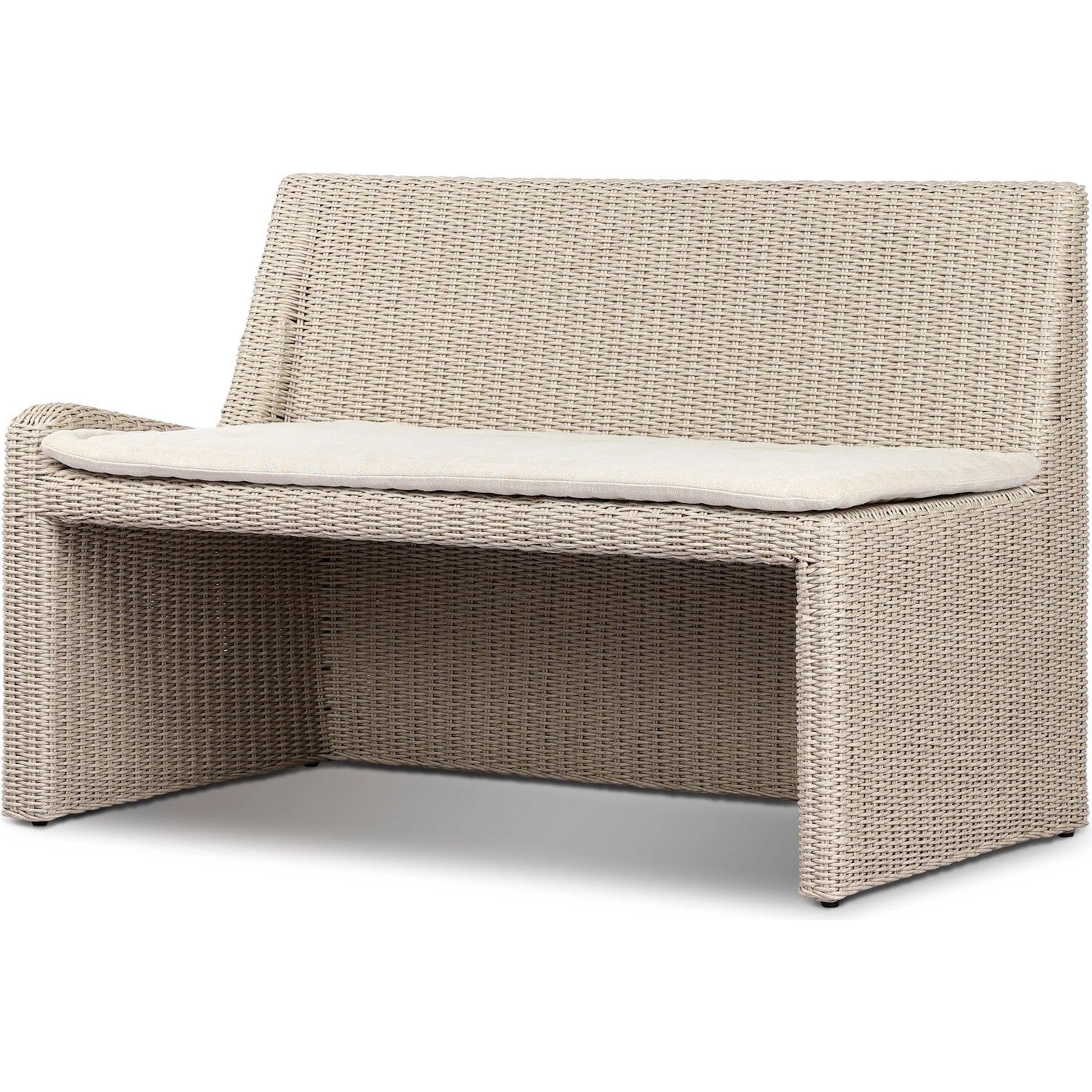 Senna Outdoor Dining Bench by Four Hands in vintage white, alessi linen. Made from 100% polyethylene, 100% polypropylene in a rustic style.