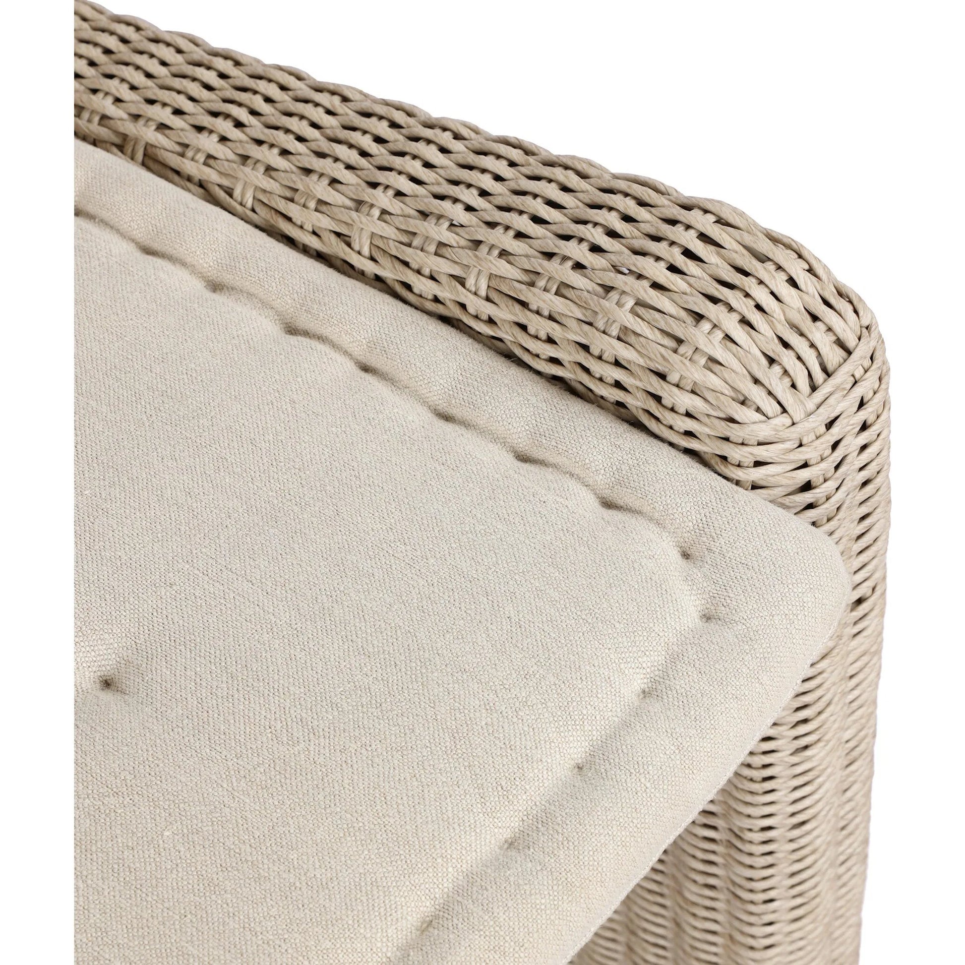 Senna Outdoor Dining Bench by Four Hands in vintage white, alessi linen. Made from 100% polyethylene, 100% polypropylene in a rustic style.
