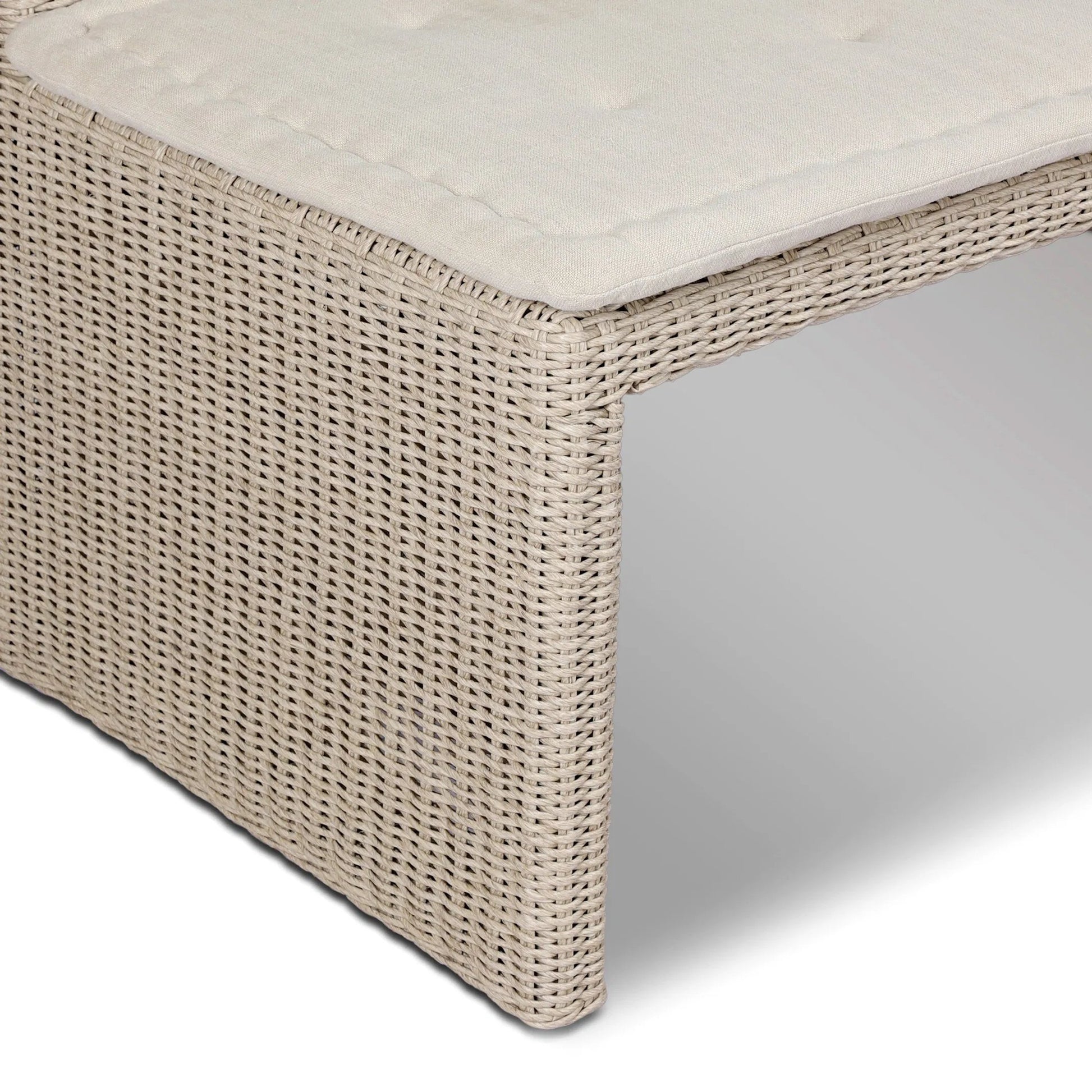Senna Outdoor Dining Bench by Four Hands in vintage white, alessi linen. Made from 100% polyethylene, 100% polypropylene in a rustic style.