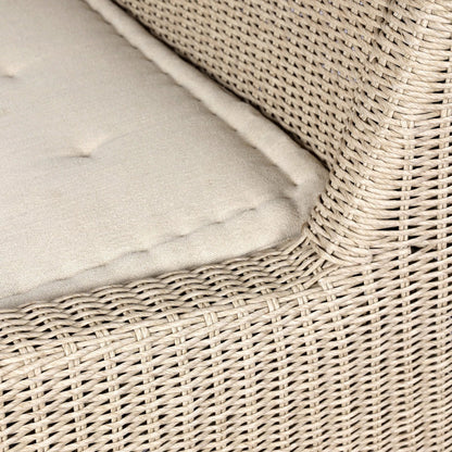 Senna Outdoor Dining Bench by Four Hands in vintage white, alessi linen. Made from 100% polyethylene, 100% polypropylene in a rustic style.
