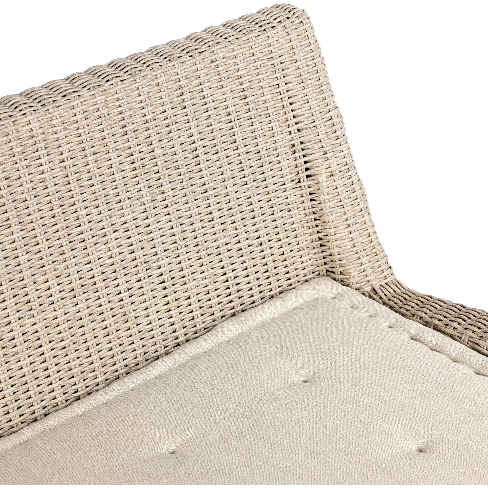 Senna Outdoor Dining Bench by Four Hands in vintage white, alessi linen. Made from 100% polyethylene, 100% polypropylene in a rustic style.