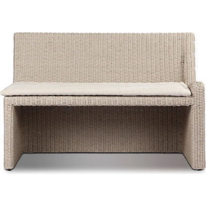Senna Outdoor Dining Bench by Four Hands in vintage white, alessi linen. Made from 100% polyethylene, 100% polypropylene in a rustic style.