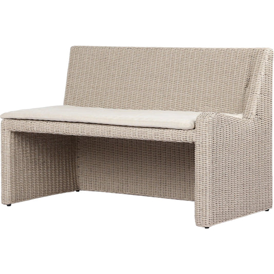 Senna Outdoor Dining Bench by Four Hands in vintage white, alessi linen. Made from 100% polyethylene, 100% polypropylene in a rustic style.