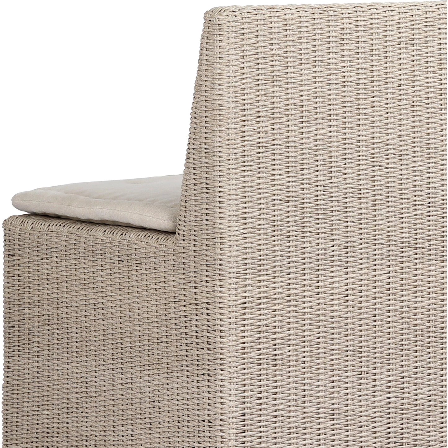 009 SI-2513320 | Closeup | Senna Outdoor Dining Chair and A Half by Four Hands in vintage white, alessi linen. Made from 100% polyethylene, 100% polypropylene in a rustic style.