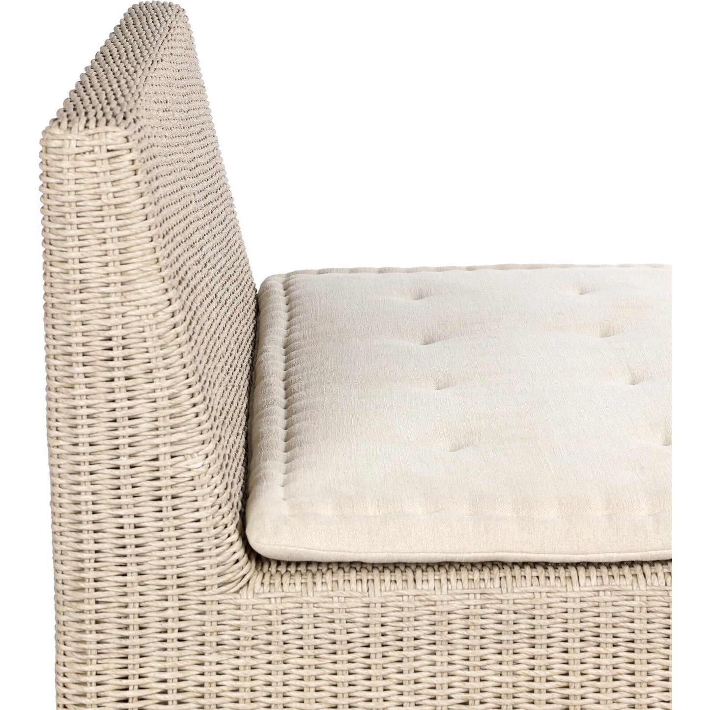 010 SI-2513320 | Closeup | Senna Outdoor Dining Chair and A Half by Four Hands in vintage white, alessi linen. Made from 100% polyethylene, 100% polypropylene in a rustic style.