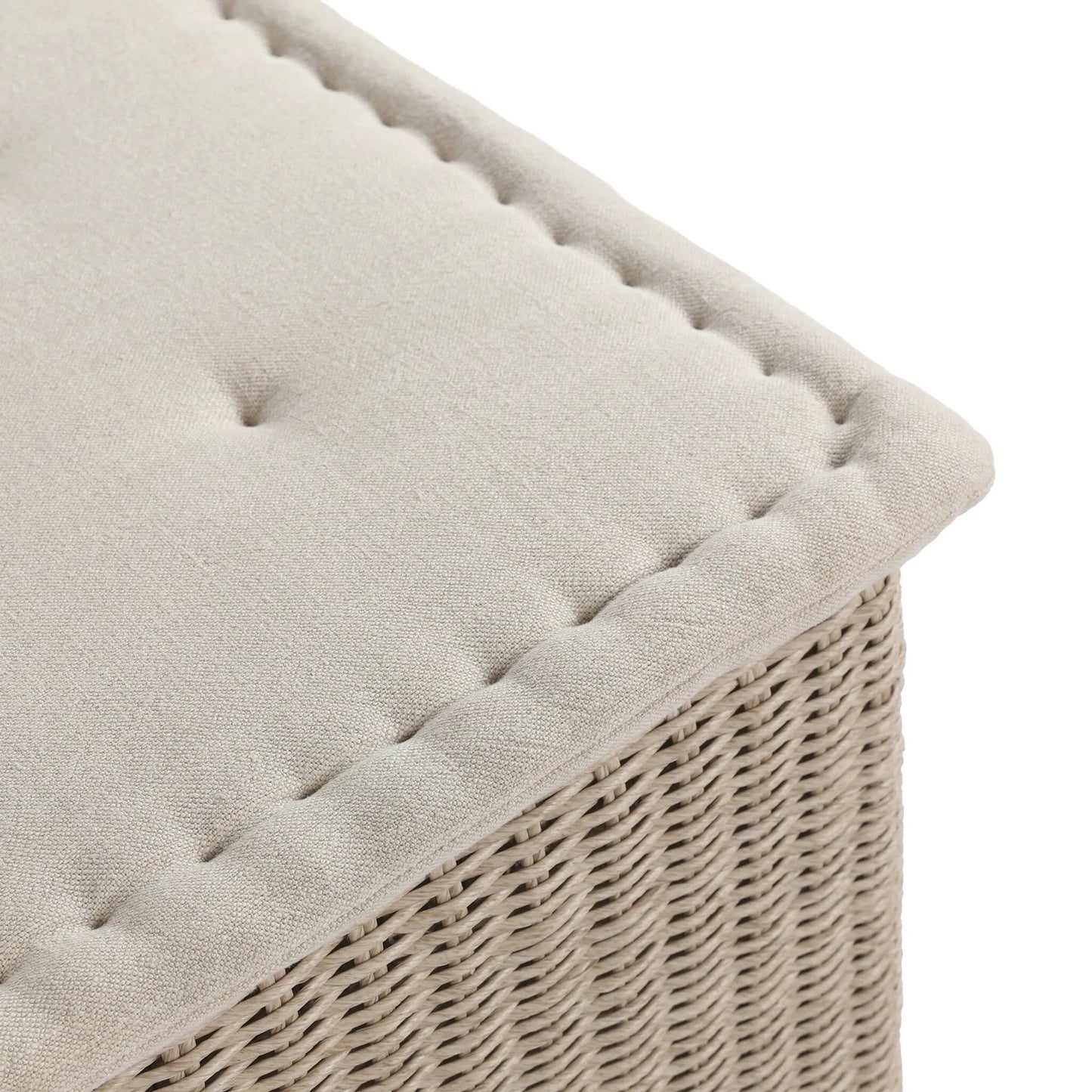 012 SI-2513320 | Closeup | Senna Outdoor Dining Chair and A Half by Four Hands in vintage white, alessi linen. Made from 100% polyethylene, 100% polypropylene in a rustic style.