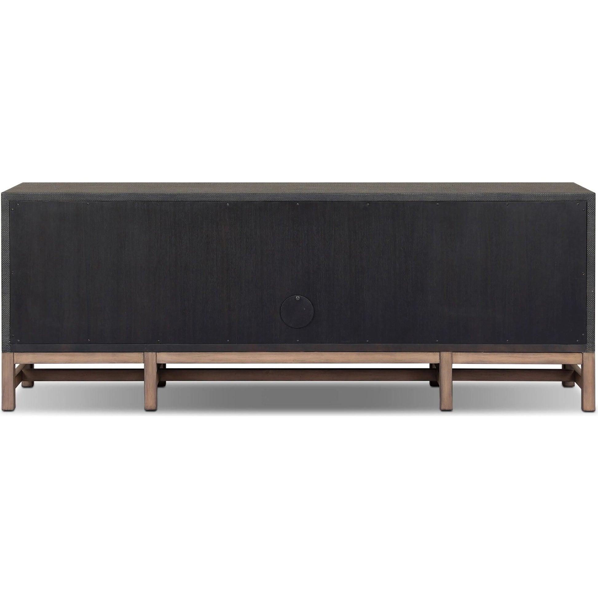 Fiona Media Console by Four Hands in black raffia, russet mahogany. Made from sugar palm, solid mahogany in a transitional style.