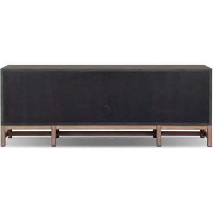 Fiona Media Console by Four Hands in black raffia, russet mahogany. Made from sugar palm, solid mahogany in a transitional style.