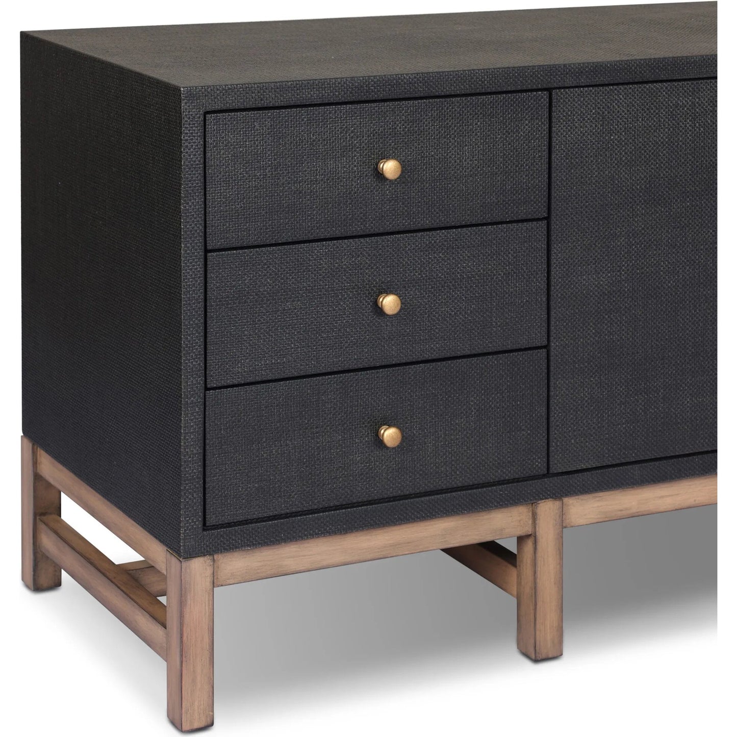 006 SI-2519172 | Closeup | Fiona Media Console by Four Hands in black raffia, russet mahogany. Made from sugar palm, solid mahogany in a transitional style.