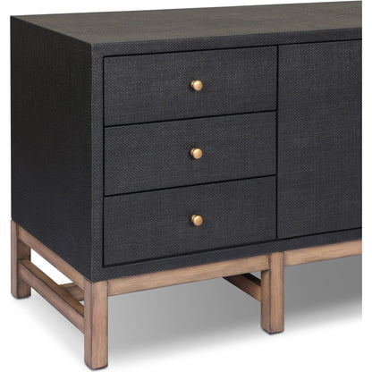 Fiona Media Console by Four Hands in black raffia, russet mahogany. Made from sugar palm, solid mahogany in a transitional style.