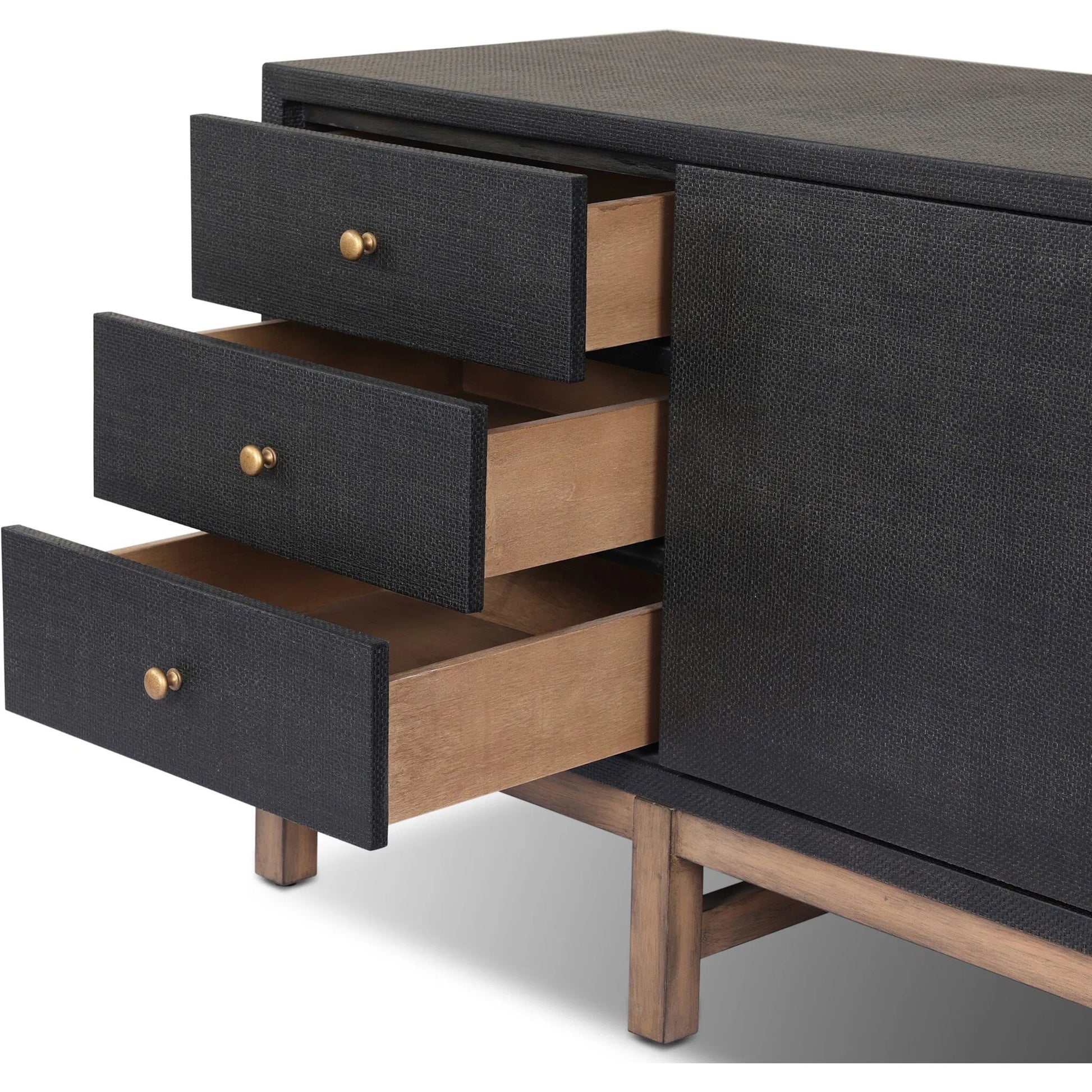 Fiona Media Console by Four Hands in black raffia, russet mahogany. Made from sugar palm, solid mahogany in a transitional style.