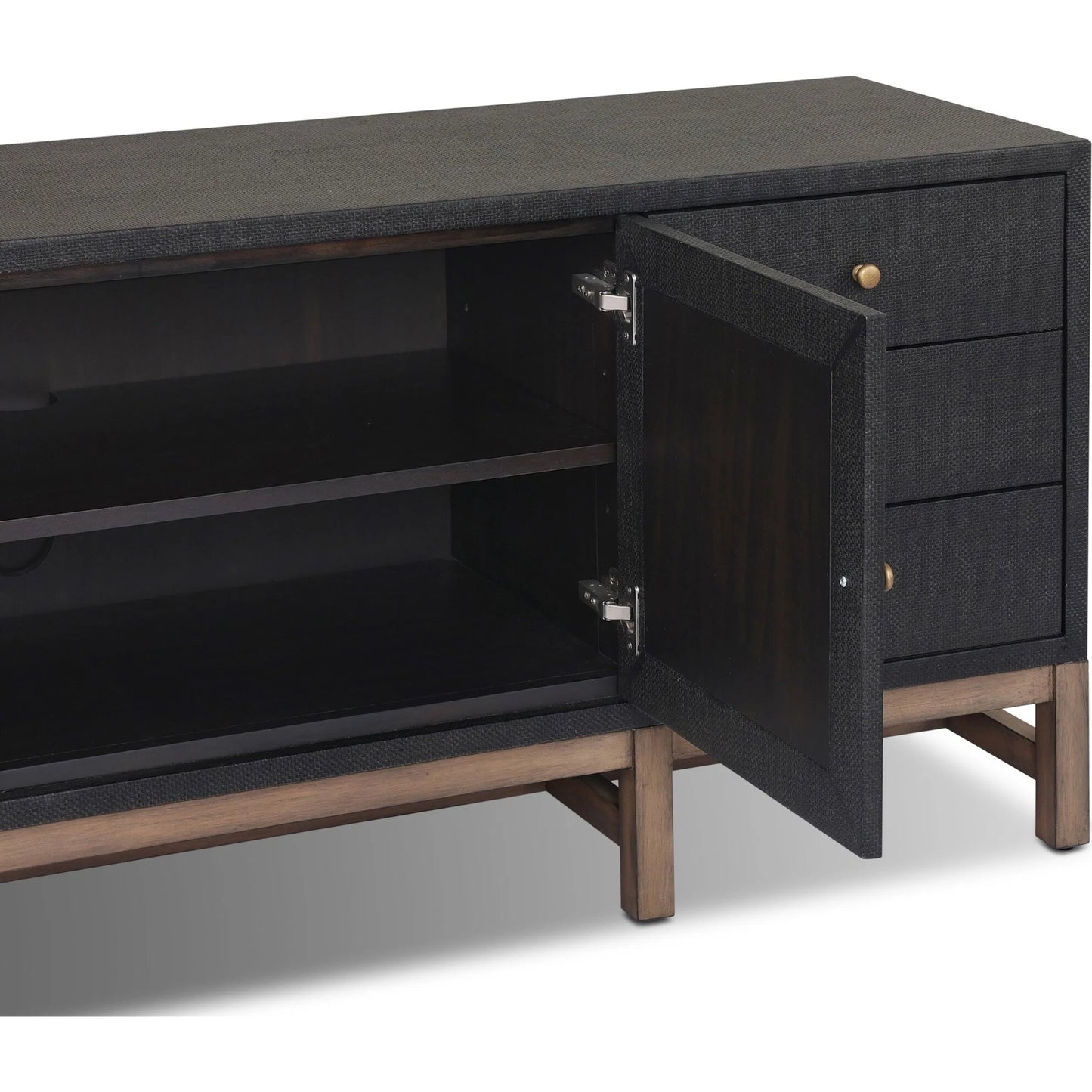 009 SI-2519172 | Closeup | Fiona Media Console by Four Hands in black raffia, russet mahogany. Made from sugar palm, solid mahogany in a transitional style.