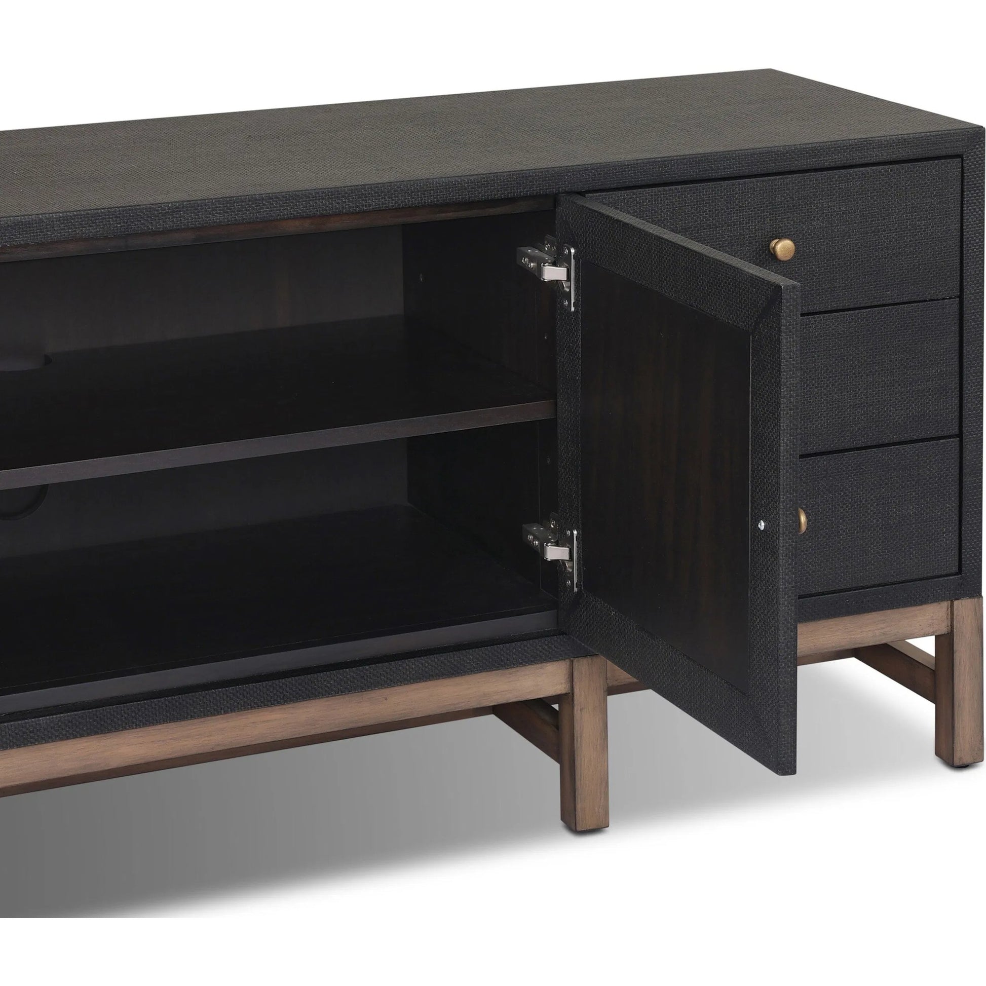 Fiona Media Console by Four Hands in black raffia, russet mahogany. Made from sugar palm, solid mahogany in a transitional style.