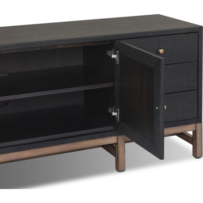 Fiona Media Console by Four Hands in black raffia, russet mahogany. Made from sugar palm, solid mahogany in a transitional style.