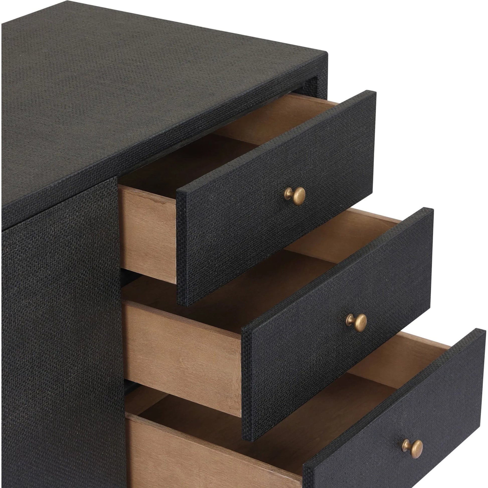 Fiona Media Console by Four Hands in black raffia, russet mahogany. Made from sugar palm, solid mahogany in a transitional style.