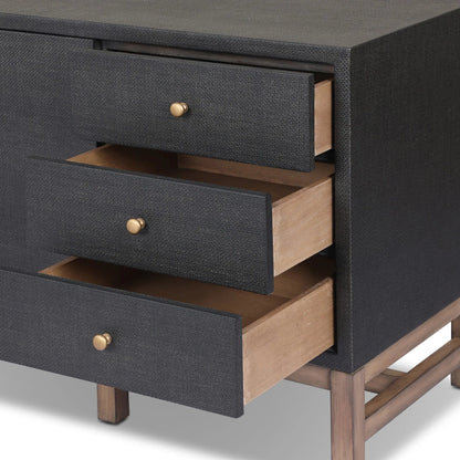 Fiona Media Console by Four Hands in black raffia, russet mahogany. Made from sugar palm, solid mahogany in a transitional style.