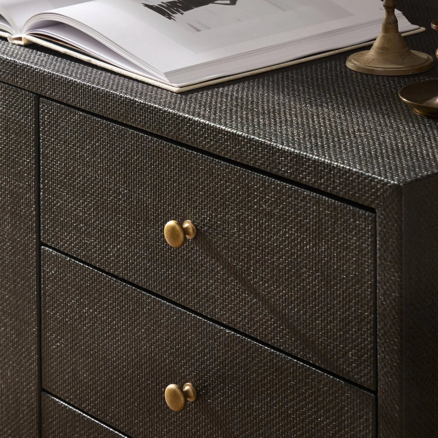 013 SI-2519172 | Closeup | Fiona Media Console by Four Hands in black raffia, russet mahogany. Made from sugar palm, solid mahogany in a transitional style.