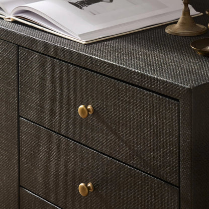 Fiona Media Console by Four Hands in black raffia, russet mahogany. Made from sugar palm, solid mahogany in a transitional style.