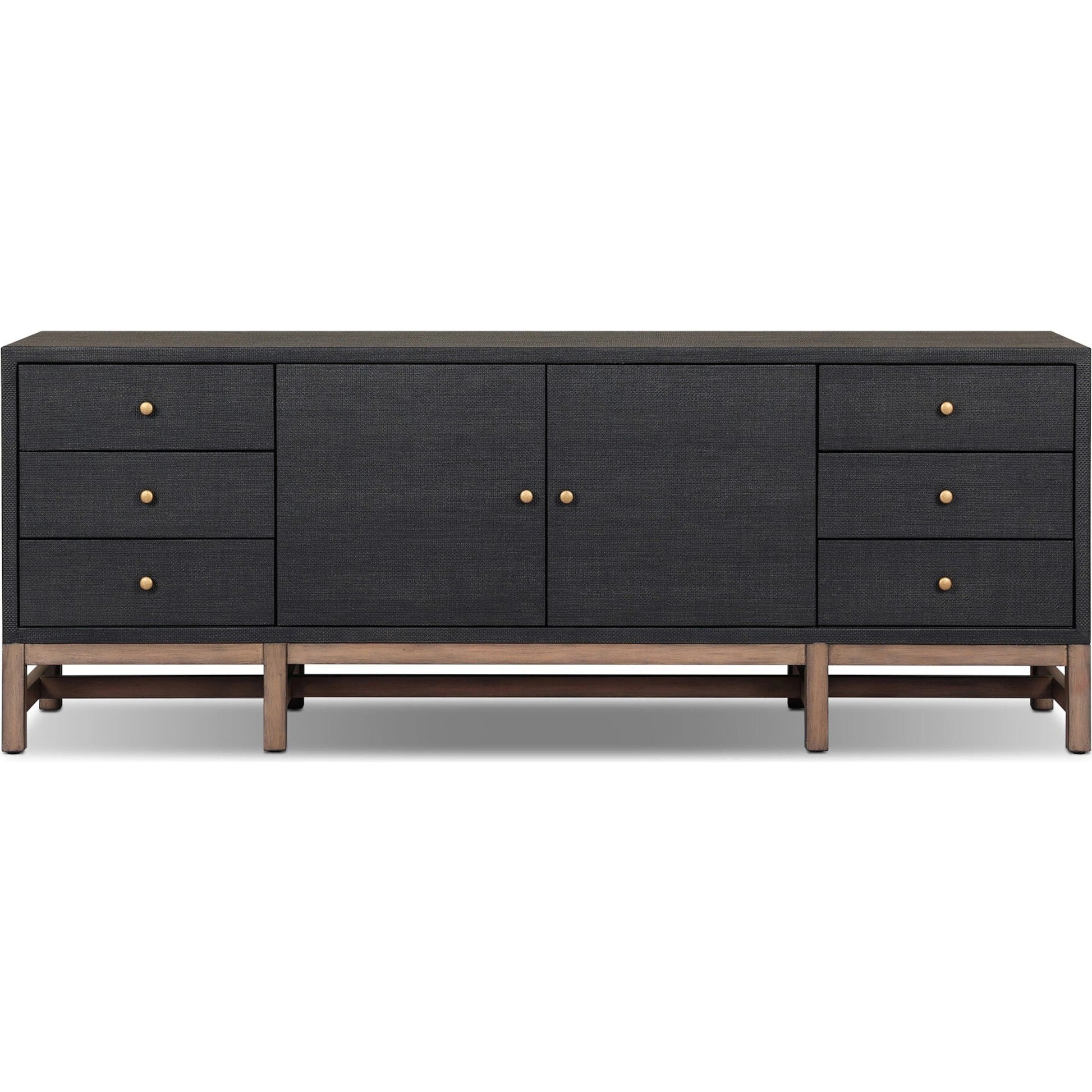 Fiona Media Console by Four Hands in black raffia, russet mahogany. Made from sugar palm, solid mahogany in a transitional style.