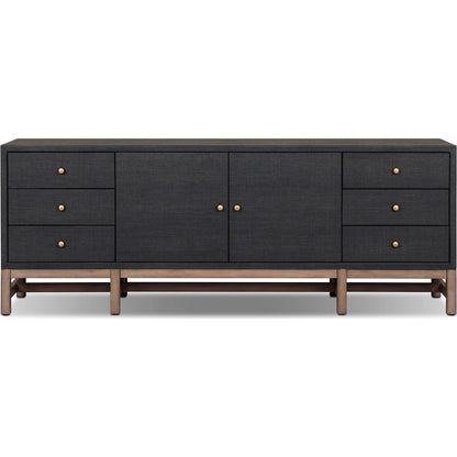 Fiona Media Console by Four Hands in black raffia, russet mahogany. Made from sugar palm, solid mahogany in a transitional style.