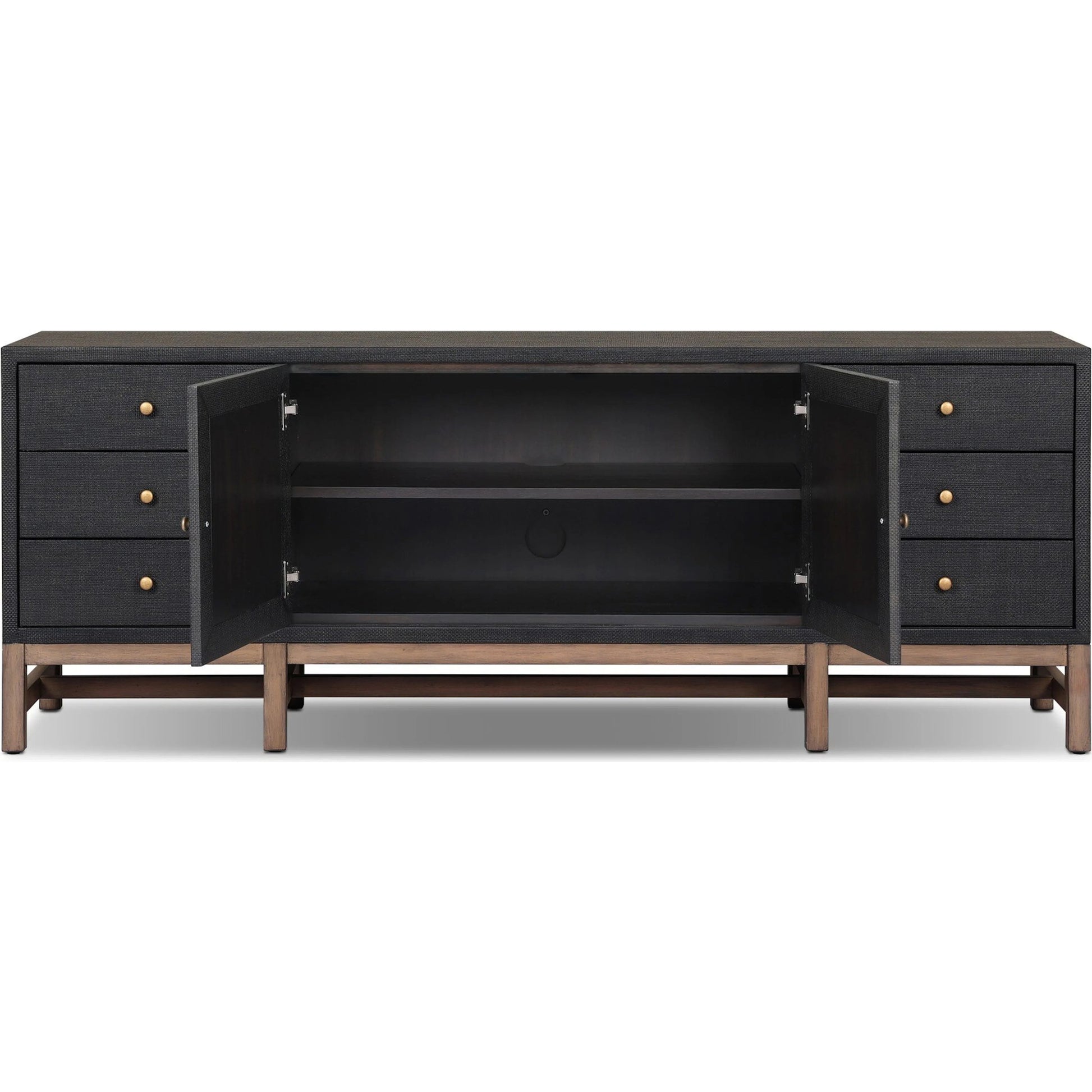 Fiona Media Console by Four Hands in black raffia, russet mahogany. Made from sugar palm, solid mahogany in a transitional style.