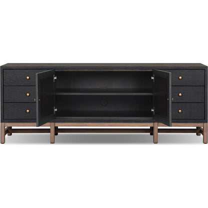 Fiona Media Console by Four Hands in black raffia, russet mahogany. Made from sugar palm, solid mahogany in a transitional style.
