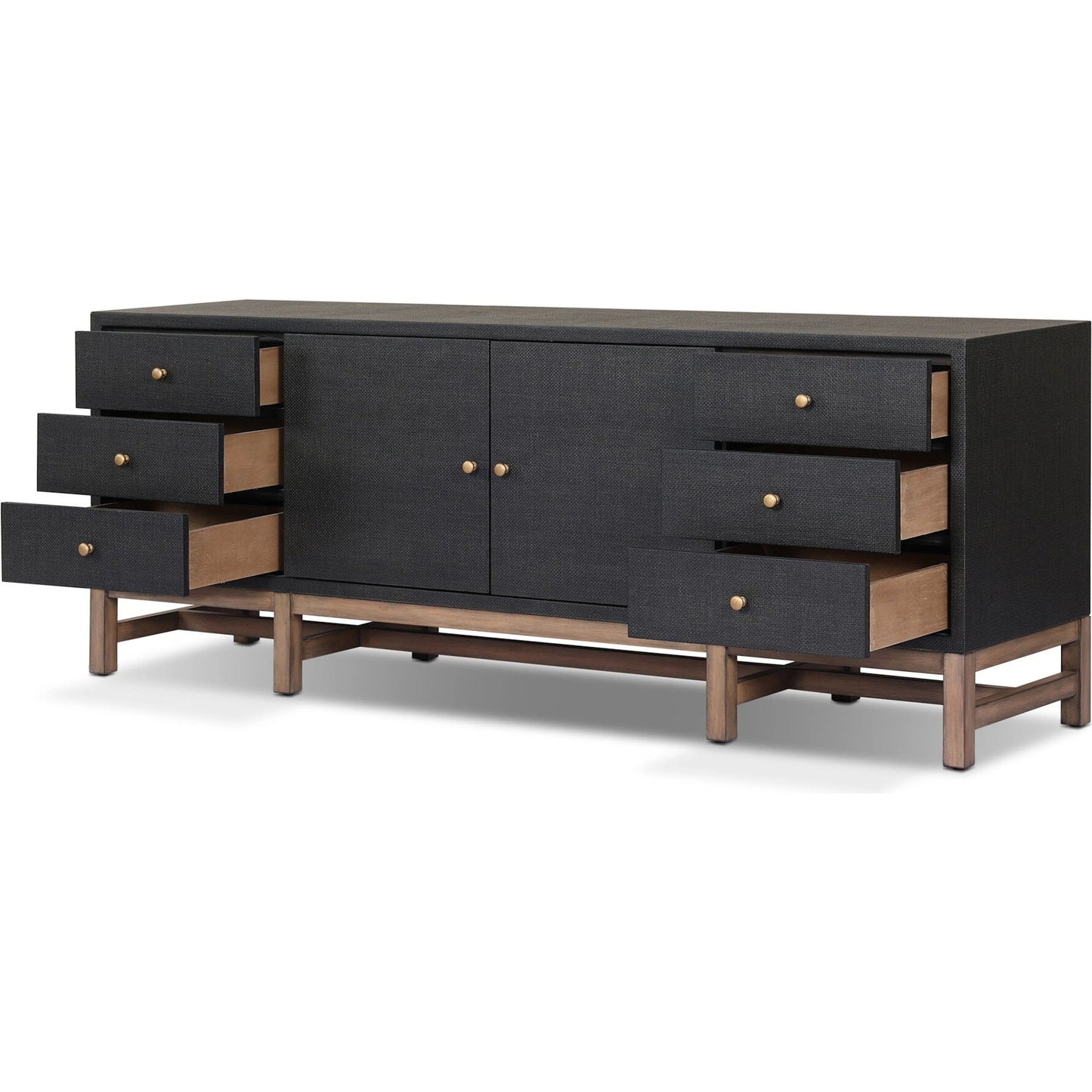 014 SI-2519172 | Closeup | Fiona Media Console by Four Hands in black raffia, russet mahogany. Made from sugar palm, solid mahogany in a transitional style.