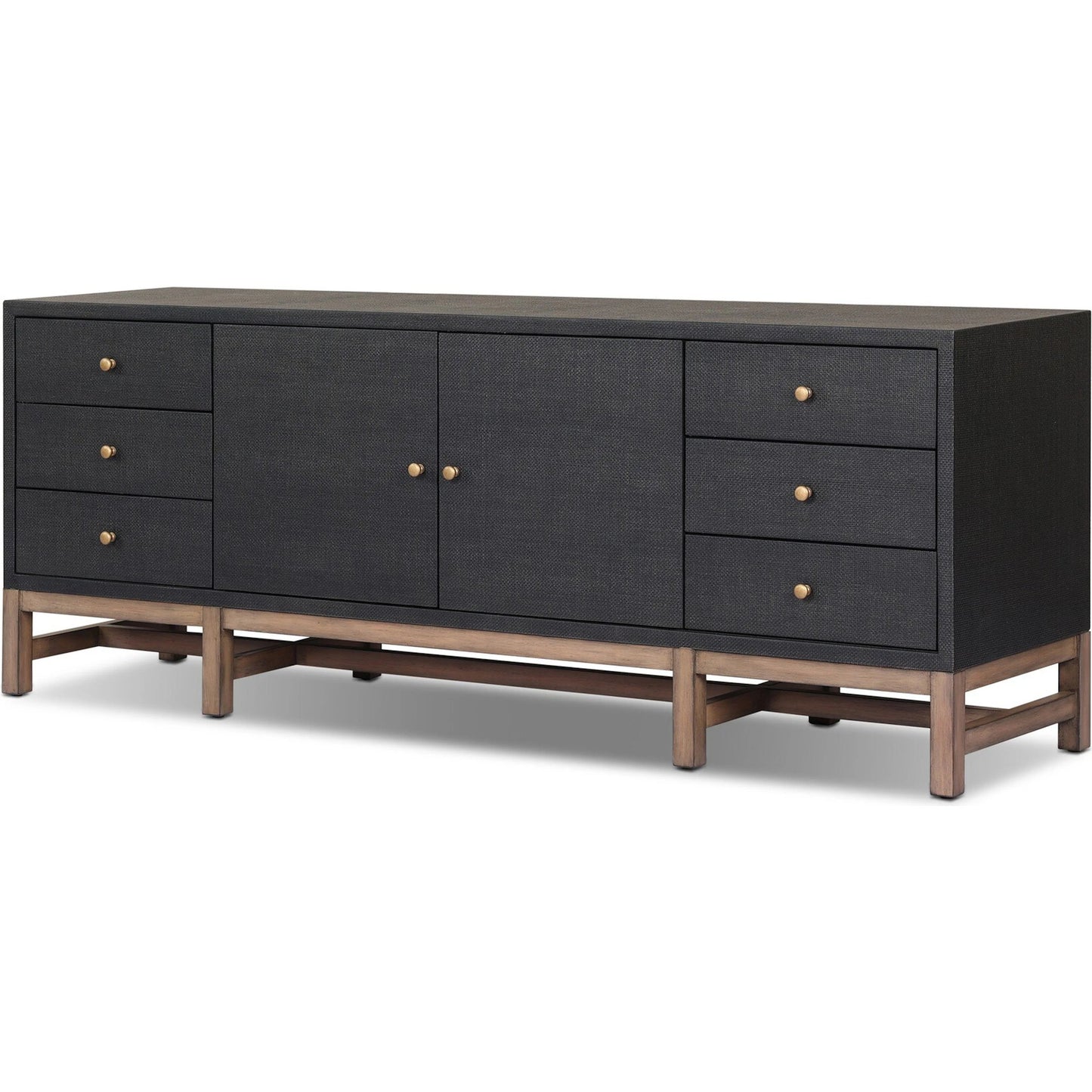 001 SI-2519172 | Primary Silo | Fiona Media Console by Four Hands in black raffia, russet mahogany. Made from sugar palm, solid mahogany in a transitional style.