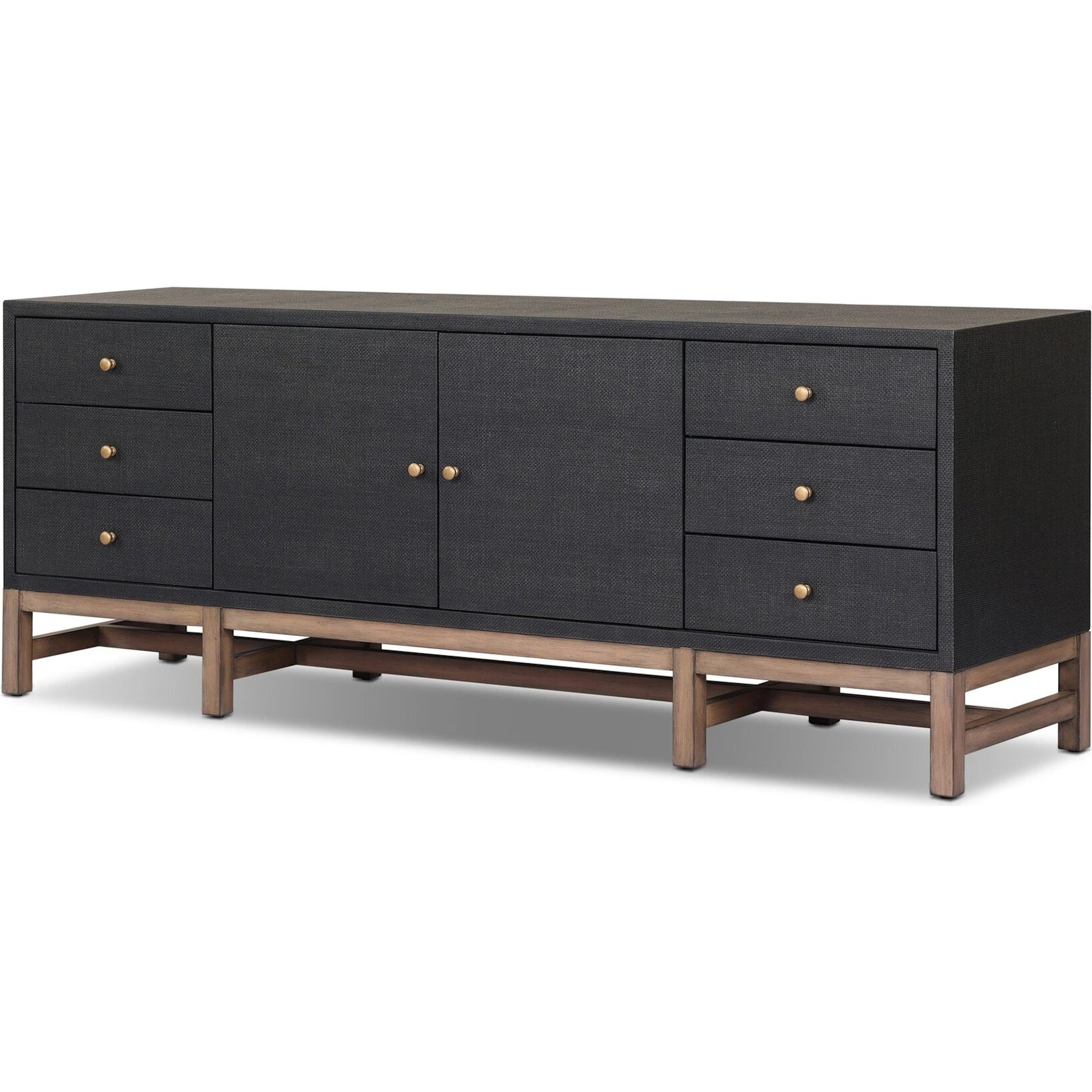 Fiona Media Console by Four Hands in black raffia, russet mahogany. Made from sugar palm, solid mahogany in a transitional style.