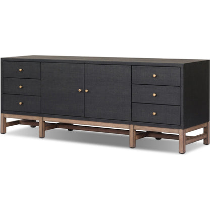 Fiona Media Console by Four Hands in black raffia, russet mahogany. Made from sugar palm, solid mahogany in a transitional style.