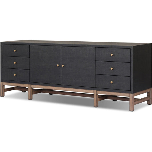 Fiona Media Console by Four Hands in black raffia, russet mahogany. Made from sugar palm, solid mahogany in a transitional style.