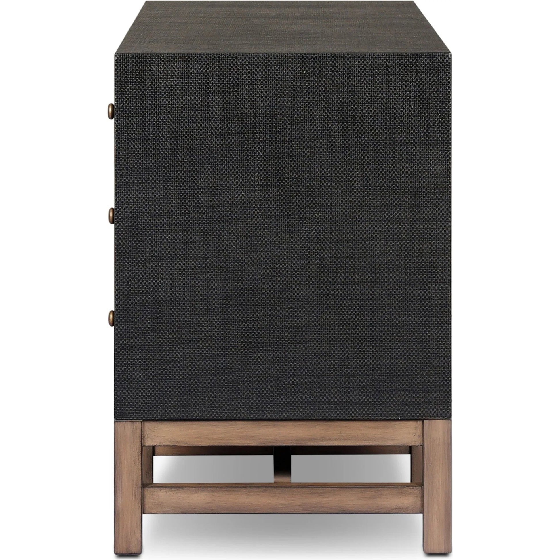 Fiona Media Console by Four Hands in black raffia, russet mahogany. Made from sugar palm, solid mahogany in a transitional style.