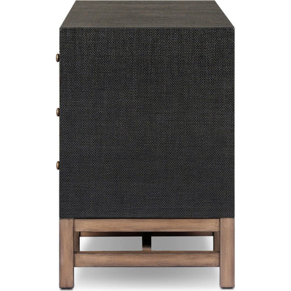 Fiona Media Console by Four Hands in black raffia, russet mahogany. Made from sugar palm, solid mahogany in a transitional style.