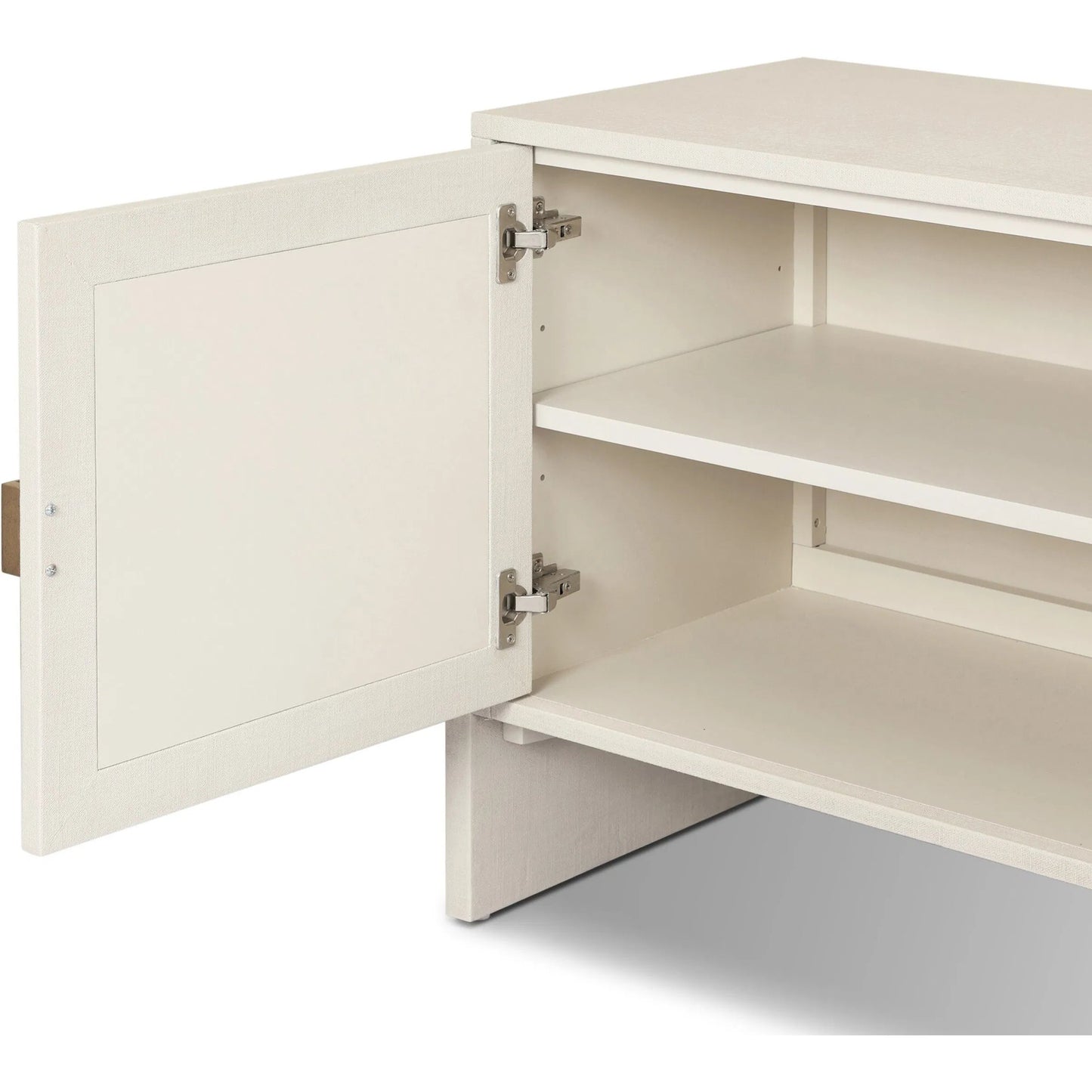 006 SI-2519138 | Closeup | Cressida Media Console by Four Hands in ivory painted linen. Made from painted linen in a transitional style.