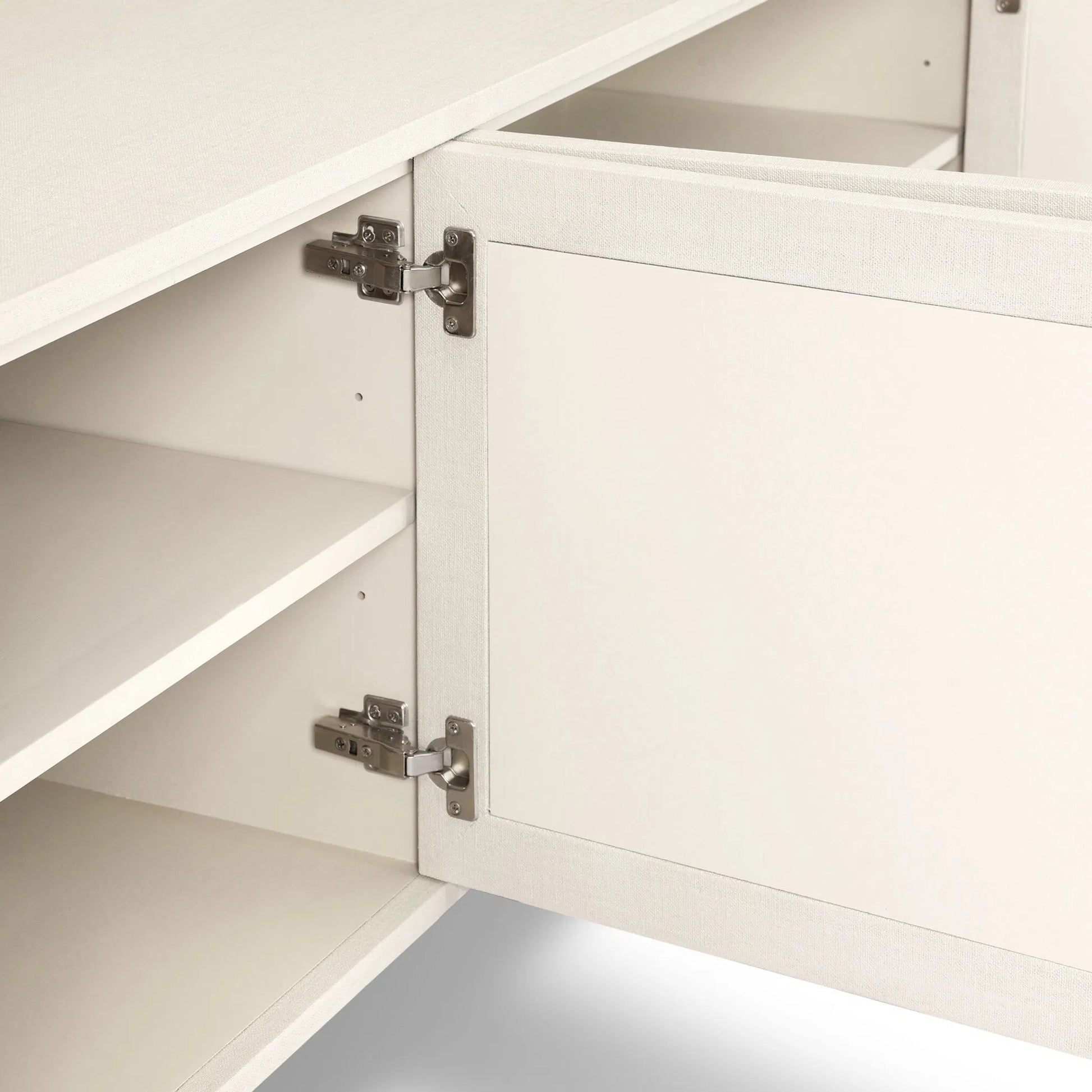 Cressida Media Console by Four Hands in ivory painted linen. Made from painted linen in a transitional style.